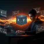 Founder hispano trabajando con hologramas de IA agentiva y manufactura representando inversión de BMW i Ventures en startups de inteligencia artificial y tecnología.