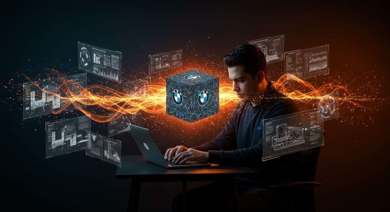 Founder hispano trabajando con hologramas de IA agentiva y manufactura representando inversión de BMW i Ventures en startups de inteligencia artificial y tecnología.