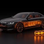 BMW i7 2027 en un entorno futurista resaltando baterías cilíndricas Rimac Gen6 y tecnología avanzada de vehículo eléctrico de lujo.
