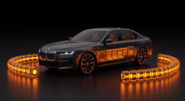 BMW i7 2027 en un entorno futurista resaltando baterías cilíndricas Rimac Gen6 y tecnología avanzada de vehículo eléctrico de lujo.