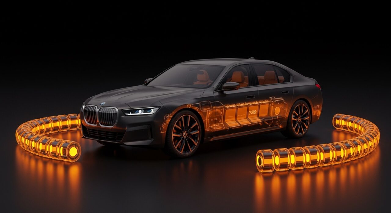 BMW i7 2027 en un entorno futurista resaltando baterías cilíndricas Rimac Gen6 y tecnología avanzada de vehículo eléctrico de lujo.
