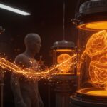 Órganos humanos biofabricados sin conciencia en bioreactores, ilustrando innovación en medicina regenerativa y ética en biotecnología.