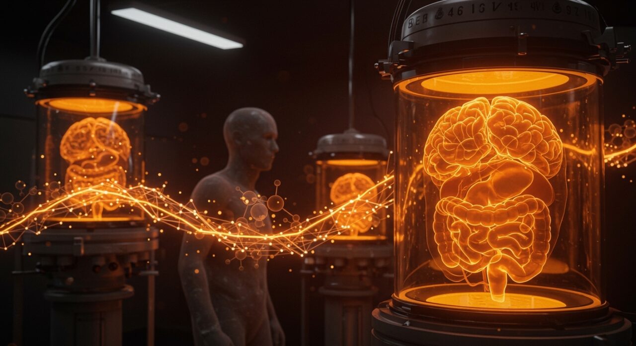 Órganos humanos biofabricados sin conciencia en bioreactores, ilustrando innovación en medicina regenerativa y ética en biotecnología.