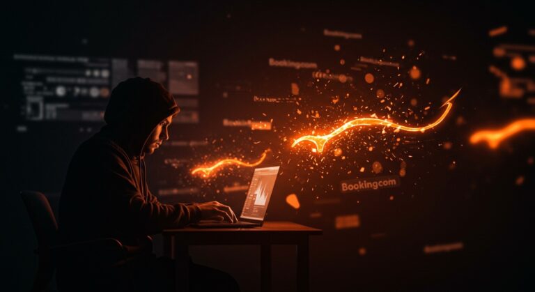Imagen conceptual de un hacker explotando una brecha de seguridad en Booking.com con metáforas visuales de phishing de seguimiento y protección de datos en startups.