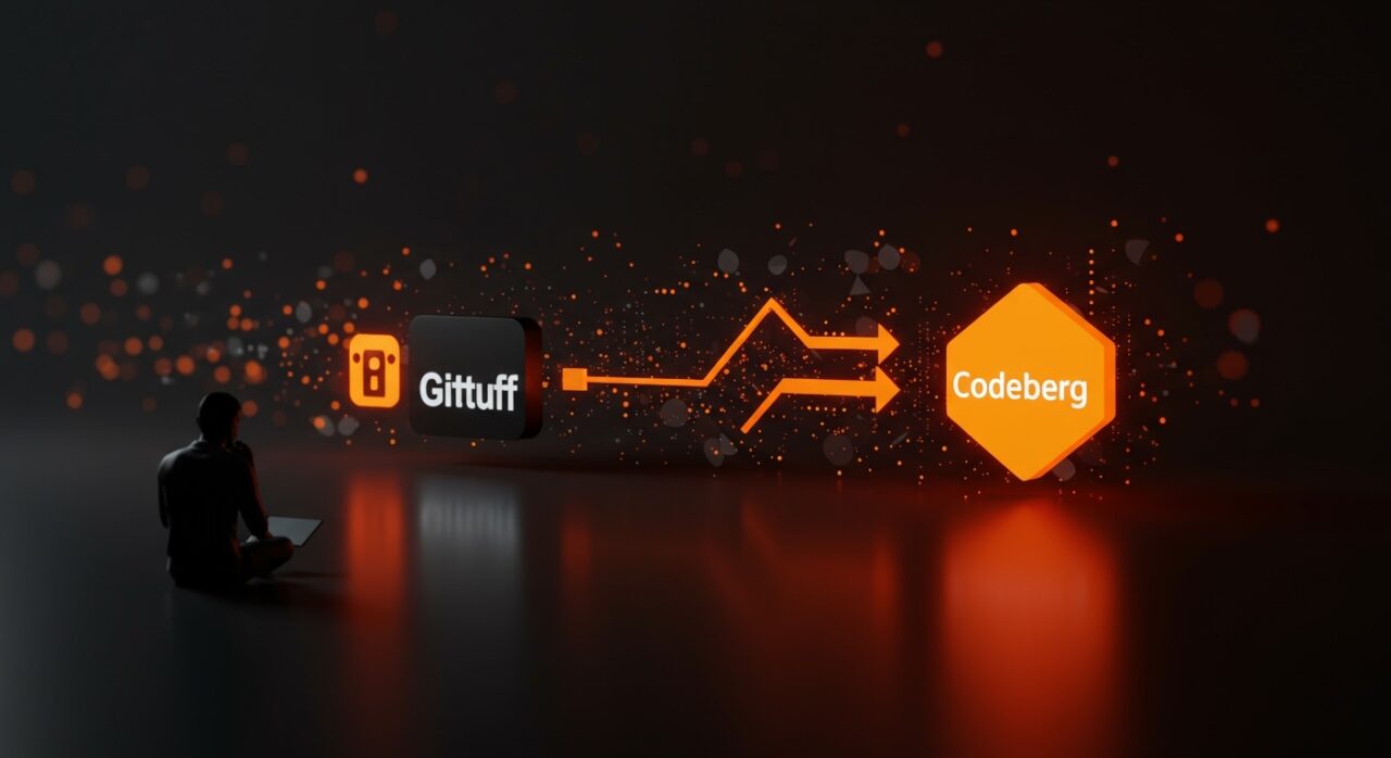 Migración open source de BookStack de GitHub a Codeberg, ilustrando dependencia de plataformas en startups con paleta naranja y negro.