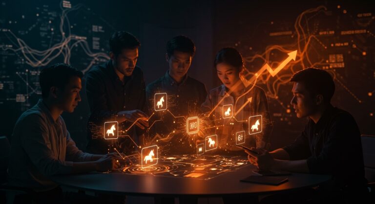 Founders trabajando con mapas digitales de unicornios early-stage impulsados por IA y financiados por venture capital en el ecosistema tecnológico.