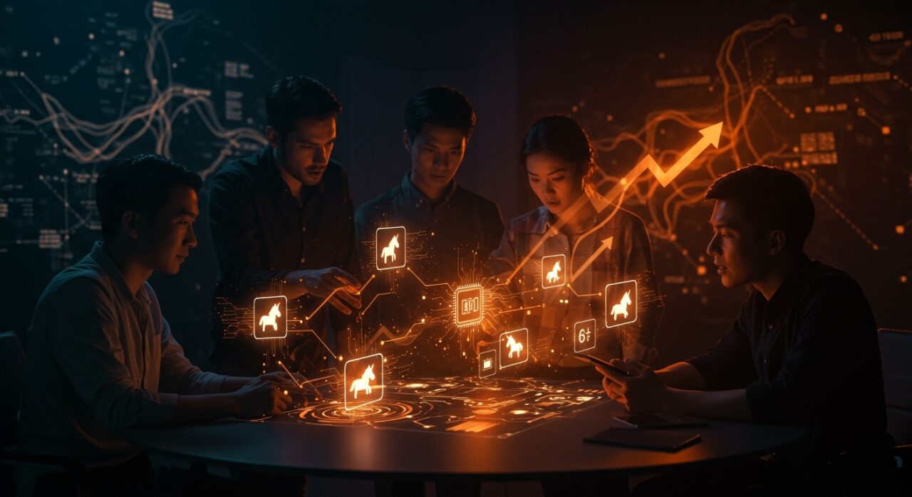 Founders trabajando con mapas digitales de unicornios early-stage impulsados por IA y financiados por venture capital en el ecosistema tecnológico.