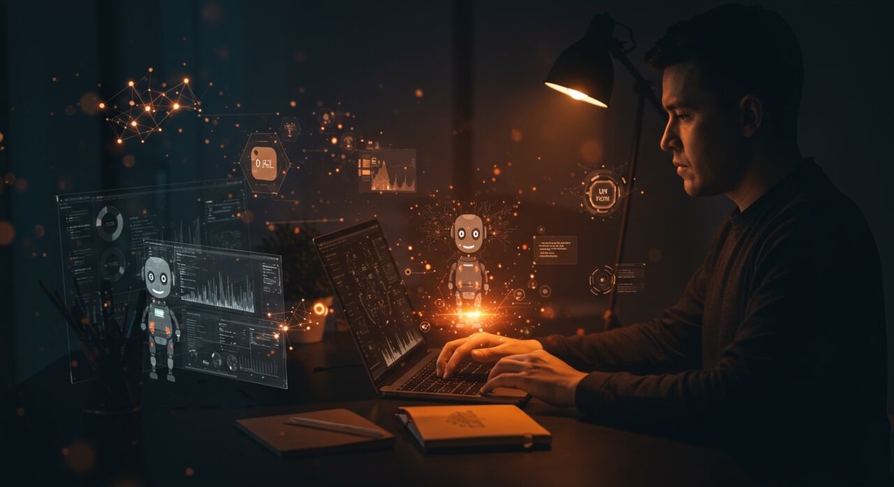 Gestión de bots IA autónomos con dashboards y automatización para founders tech en un entorno moderno y tecnológico.