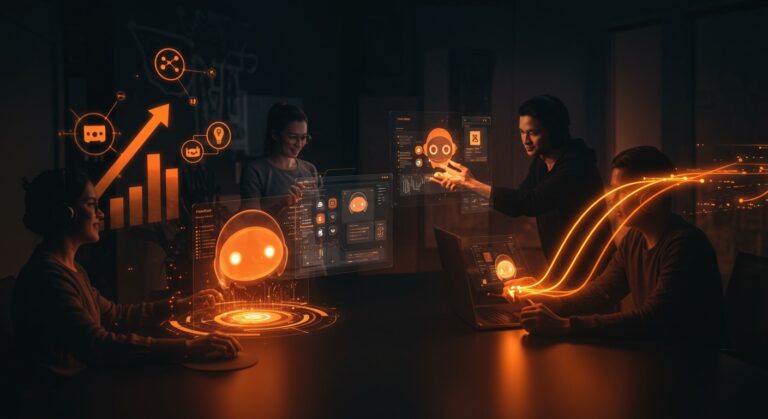 Equipos startup creando bots automatizados sin código para Telegram y Discord, escalando comunidades con herramientas no-code.