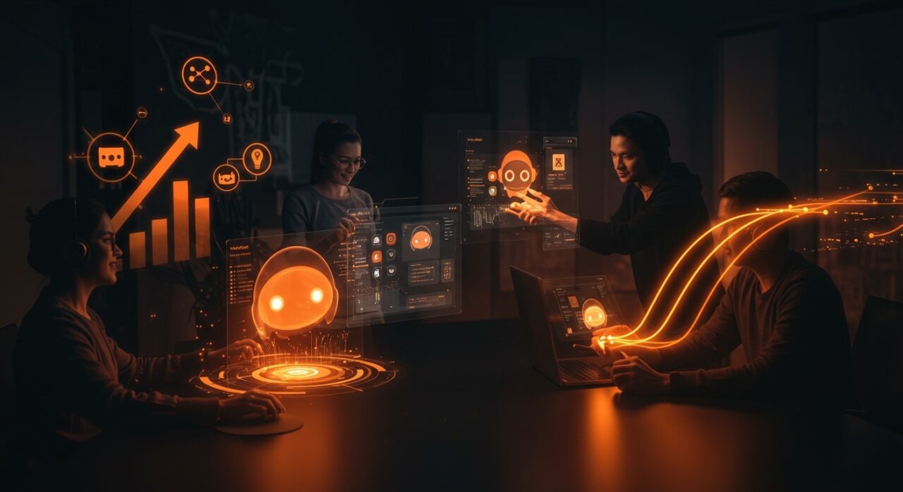 Equipos startup creando bots automatizados sin código para Telegram y Discord, escalando comunidades con herramientas no-code.