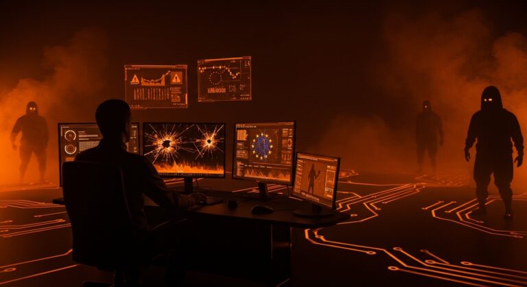 Fundador de startup frente a interfaz digital fracturada mostrando brecha de datos y riesgos de ciberseguridad en la Comisión Europea.