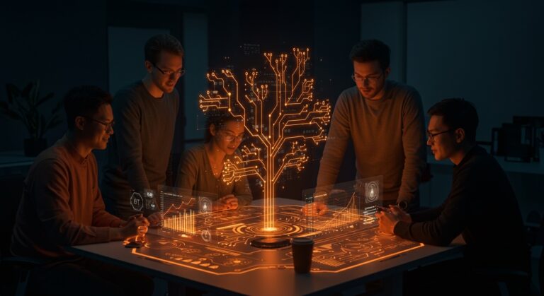 Grupo de startup colaborando en formación práctica de habilidades tech para reducir la brecha skills tech en 2026.