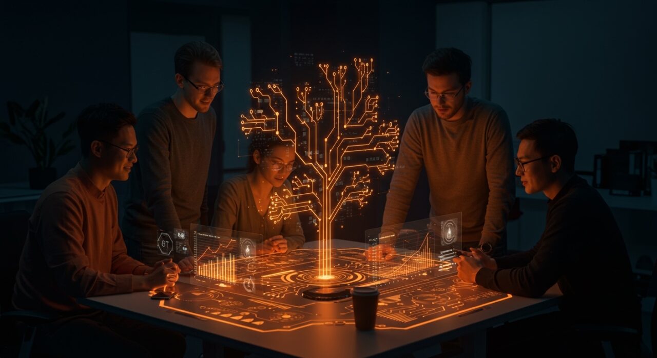 Grupo de startup colaborando en formación práctica de habilidades tech para reducir la brecha skills tech en 2026.