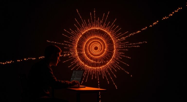 Bug de software de 20 años en Enlightenment E16 Linux visualizado como un ciclo infinito en código naranja y negro, simbolizando deuda técnica y depuración en startups.