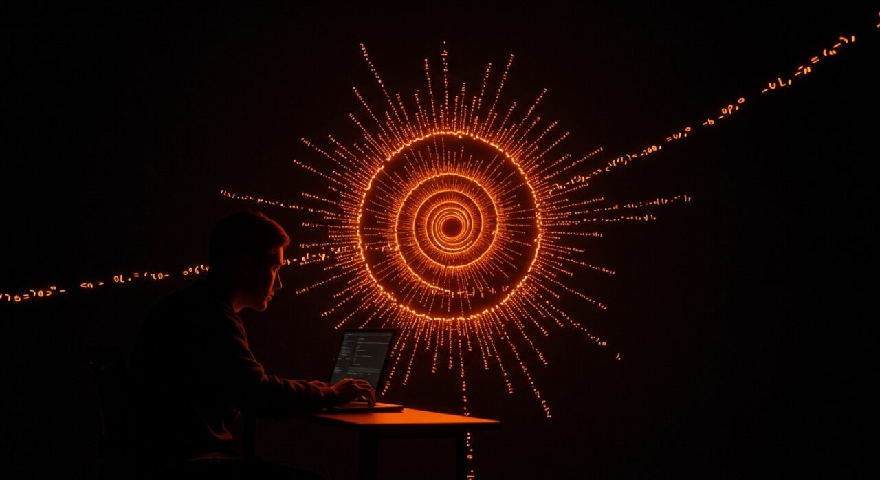 Bug de software de 20 años en Enlightenment E16 Linux visualizado como un ciclo infinito en código naranja y negro, simbolizando deuda técnica y depuración en startups.