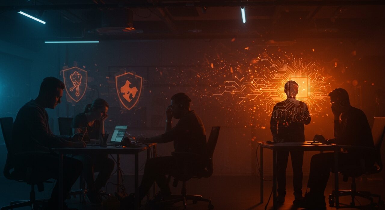 Burnout tech en equipos startup europeos representado con metáforas visuales de estrés mental y protección en ambiente tecnológico.