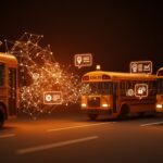 Cámaras IA en autobuses escolares emitiendo multas automatizadas, representando tecnología de seguridad vial y modelos de negocio innovadores.