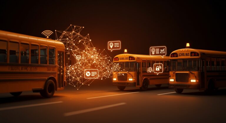 Cámaras IA en autobuses escolares emitiendo multas automatizadas, representando tecnología de seguridad vial y modelos de negocio innovadores.
