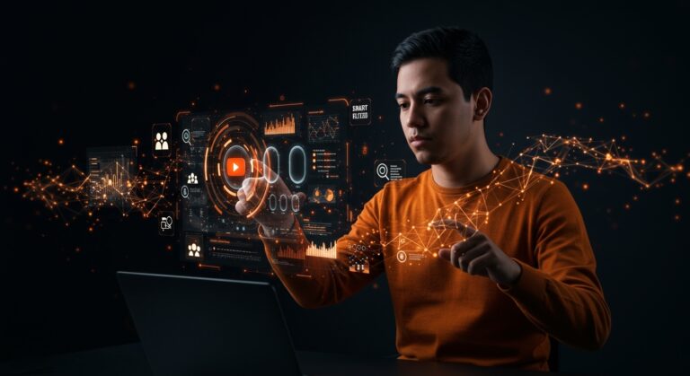 Founder hispano utilizando filtros avanzados de búsqueda en YouTube para optimizar investigación con herramientas tecnológicas y automatización.