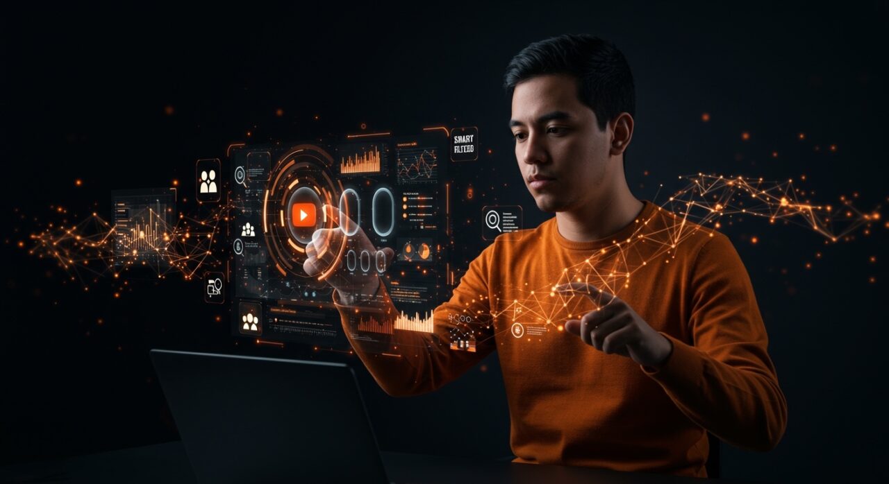Founder hispano utilizando filtros avanzados de búsqueda en YouTube para optimizar investigación con herramientas tecnológicas y automatización.