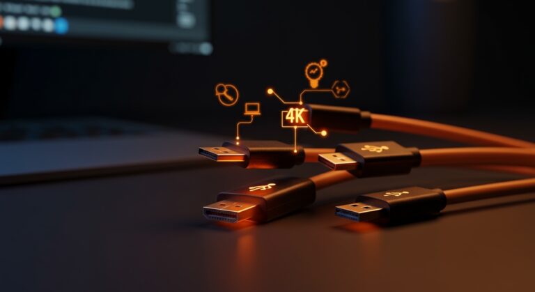 Guía visual de cables HDMI, DisplayPort, USB-C y Thunderbolt para setups de trabajo de startups, destacando conectividad y hardware certificado.