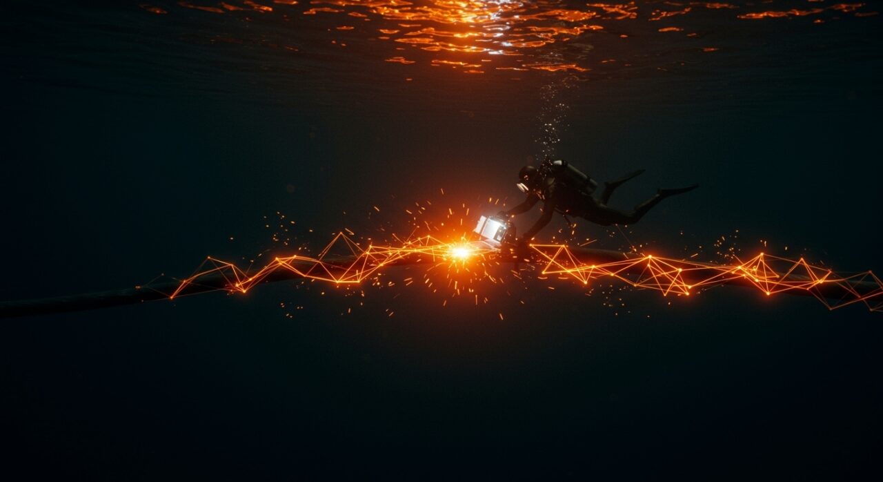 Cable submarino a 3.500 metros en el océano con fracturas luminosas, ilustrando el riesgo para la infraestructura de internet y la seguridad digital en startups.