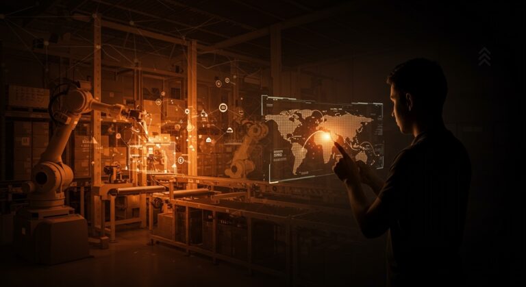 Cadena de suministro resiliente con automatización, IA y nearshoring en startups LATAM destacadas en un almacén automatizado moderno.