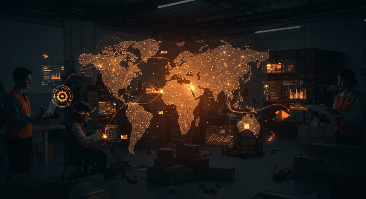 Logística inteligente y cadenas de suministro globales con inteligencia artificial y tecnologías avanzadas en LATAM, destacando sostenibilidad y resiliencia.