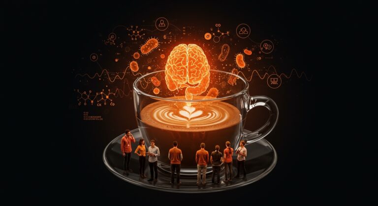 Impacto del café en el microbioma y cognición mostrando conexión eje intestino-cerebro para mejorar productividad en founders.