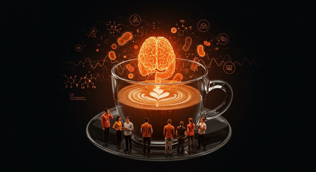Impacto del café en el microbioma y cognición mostrando conexión eje intestino-cerebro para mejorar productividad en founders.