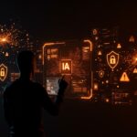 Fundador tecnológico frente a interfaz digital que representa la seguridad y vulnerabilidades de agentes IA open source en el ecosistema startup.