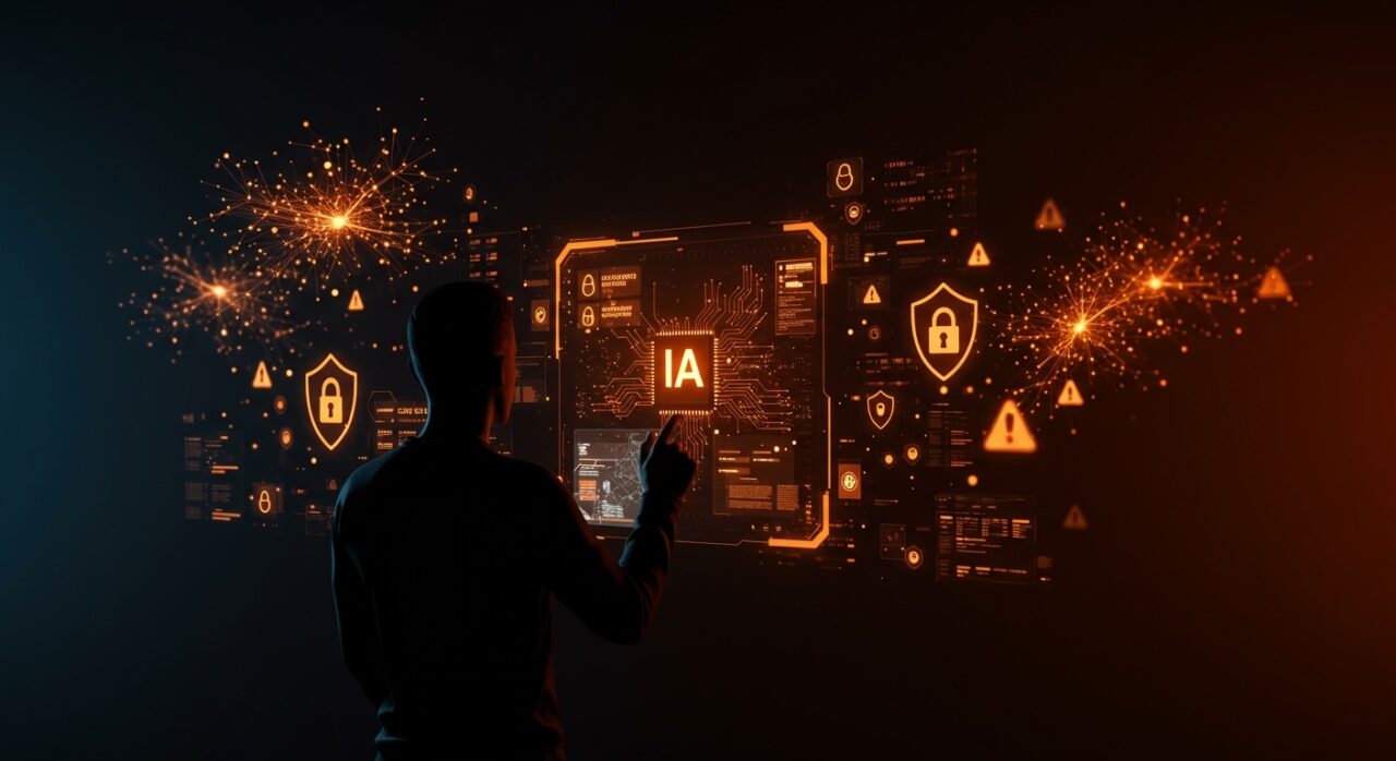 Fundador tecnológico frente a interfaz digital que representa la seguridad y vulnerabilidades de agentes IA open source en el ecosistema startup.