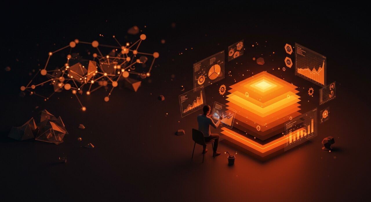 Visualización conceptual de calidad de datos a gran escala en startups con metáforas de escalabilidad, automatización y observabilidad de datos en tonos naranja y negro.