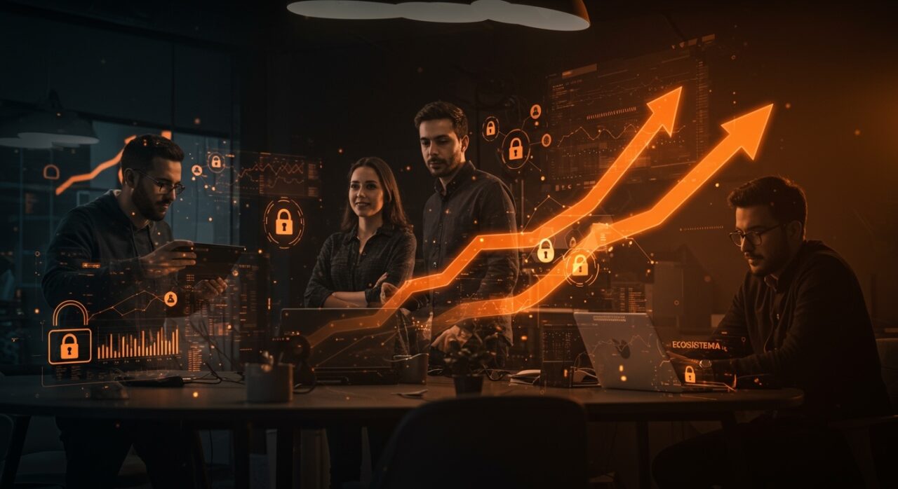 Equipo de startup de ciberseguridad colaborando en aceleradora Incibe, destacando crecimiento y tecnología en España.