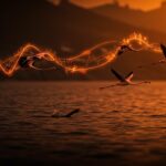 Flamencos migrando sobre la costa de Cantabria con efectos visuales que representan el cambio climático y la biodiversidad.