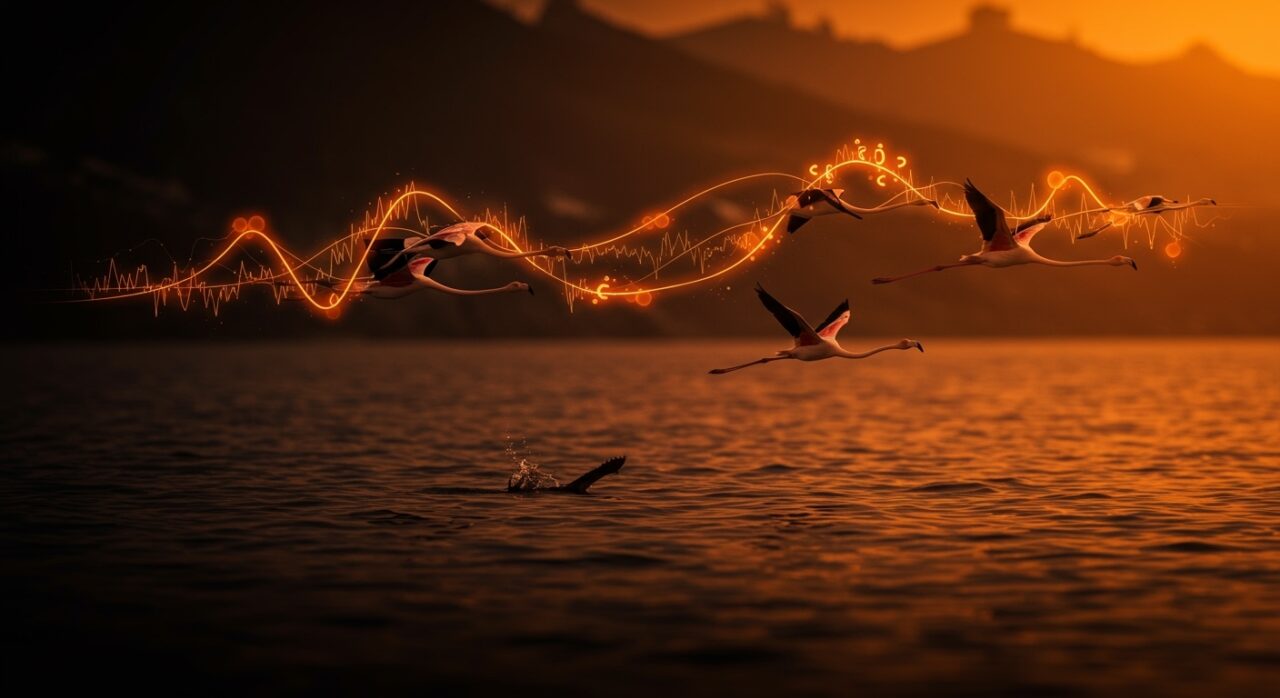 Flamencos migrando sobre la costa de Cantabria con efectos visuales que representan el cambio climático y la biodiversidad.
