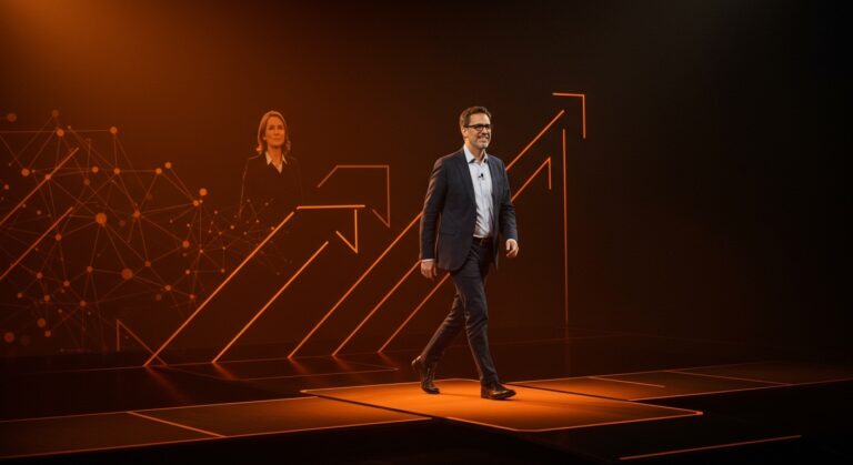 Brad Lightcap asumiendo nuevo rol ejecutivo en OpenAI con metáforas visuales de liderazgo y tendencias en inteligencia artificial.