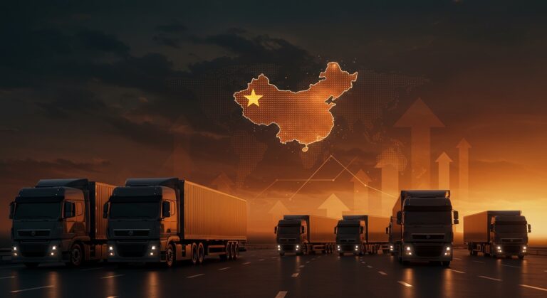 Camiones eléctricos en el mercado global de transporte pesado con China liderando la movilidad eléctrica en 2025, destacados en colores naranja y negro.