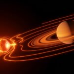 Visualización del campo magnético torcido de Saturno con el plasma de Encélado y la sonda Cassini en una imagen editorial de alta calidad para ecosistema startup.