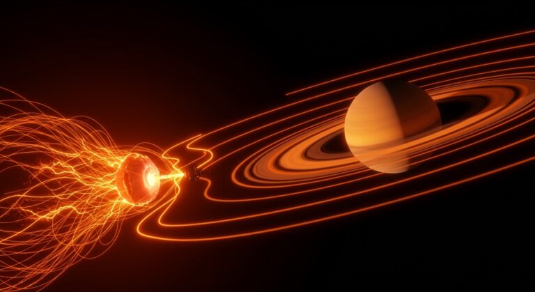 Visualización del campo magnético torcido de Saturno con el plasma de Encélado y la sonda Cassini en una imagen editorial de alta calidad para ecosistema startup.