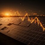 Paneles solares en España con metáfora visual de caída de precios eléctricos y canibalización energética en el mercado renovable.