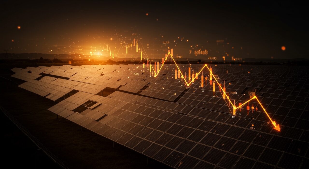 Paneles solares en España con metáfora visual de caída de precios eléctricos y canibalización energética en el mercado renovable.