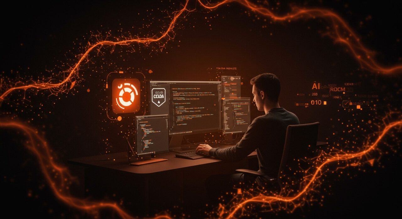 Desarrollador usando Ubuntu 26.04 LTS con IA nativa y tecnologías CUDA y ROCm, mostrando integración avanzada de inteligencia artificial para startups tech.