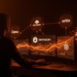 Ilustración editorial de Canva adquiriendo Simtheory y Ortto para crear un sistema operativo agéntico de marketing con inteligencia artificial en el ecosistema SaaS.