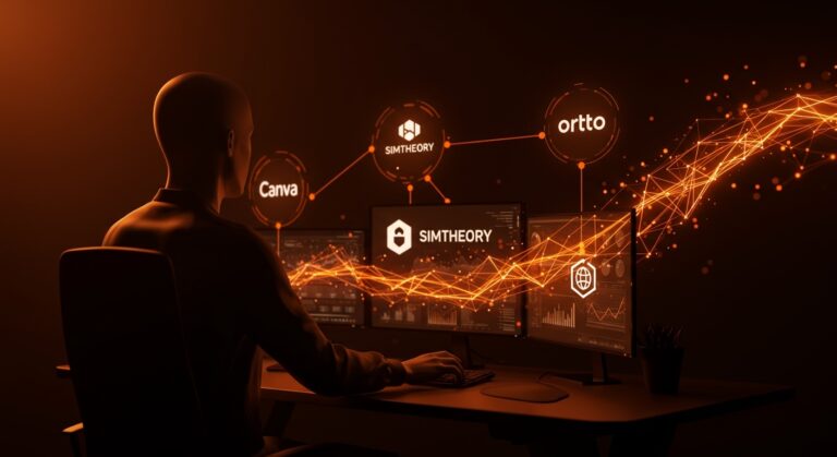 Ilustración editorial de Canva adquiriendo Simtheory y Ortto para crear un sistema operativo agéntico de marketing con inteligencia artificial en el ecosistema SaaS.