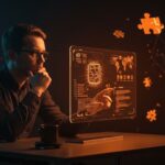 Founder tecnológico interactuando con un captcha intelectual digital en una interfaz futurista, representando verificación y calidad en comunidades tech.