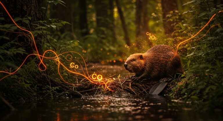 Castores construyendo un ecosistema sostenible para captura de carbono y mitigación del cambio climático en restauración ambiental.