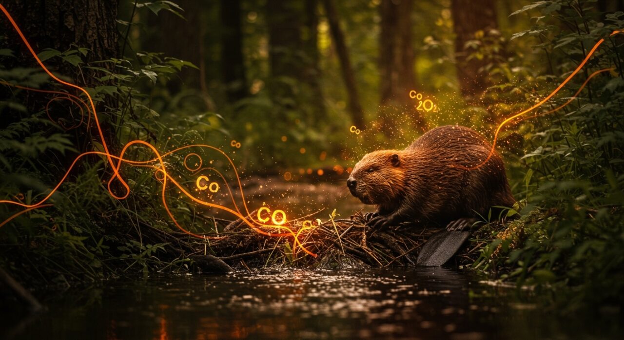 Castores construyendo un ecosistema sostenible para captura de carbono y mitigación del cambio climático en restauración ambiental.