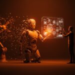 Reflexión visual sobre la quiebra de ek robotics con metáforas de automatización, inteligencia artificial y colaboración estratégica en startups tecnológicas.