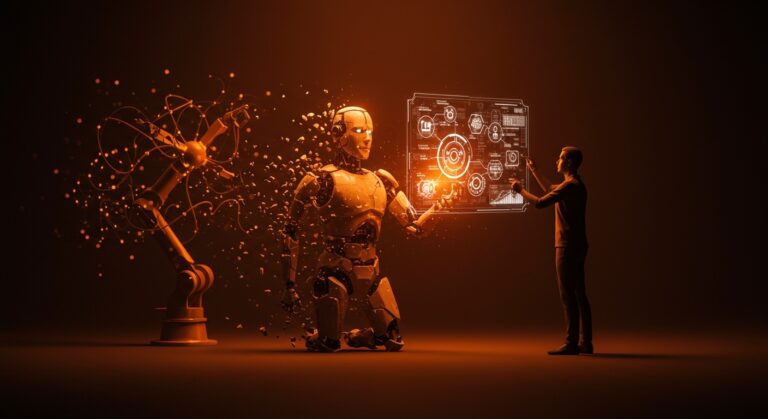 Reflexión visual sobre la quiebra de ek robotics con metáforas de automatización, inteligencia artificial y colaboración estratégica en startups tecnológicas.